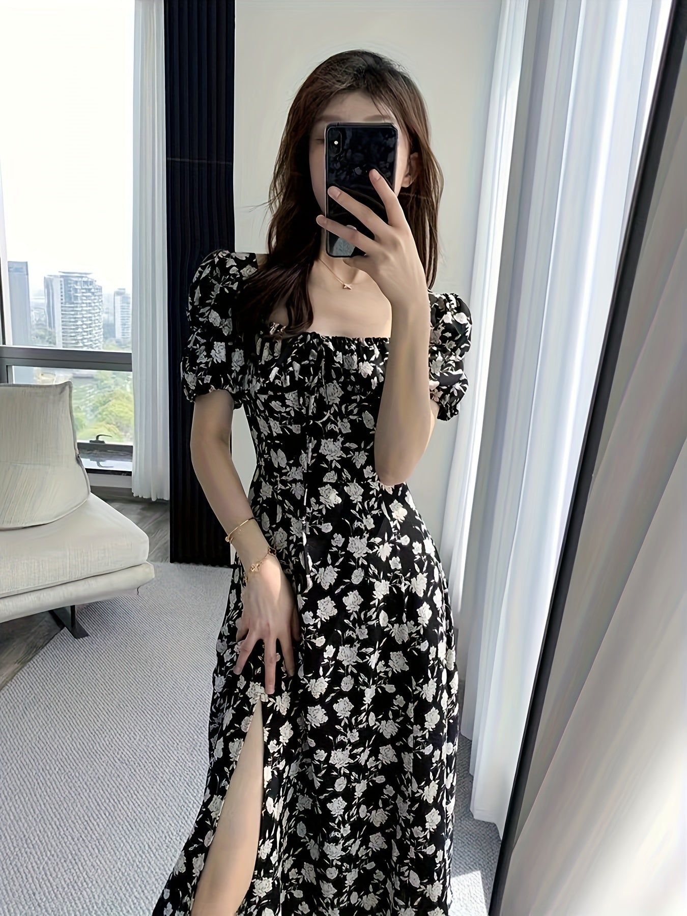Square Neck Floral Dress