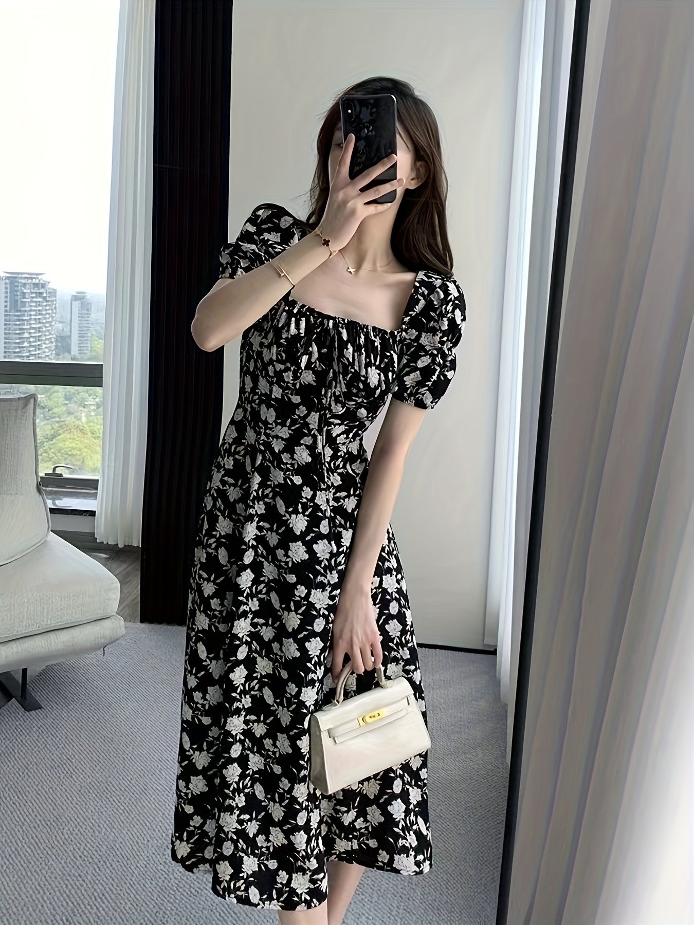 Square Neck Floral Dress