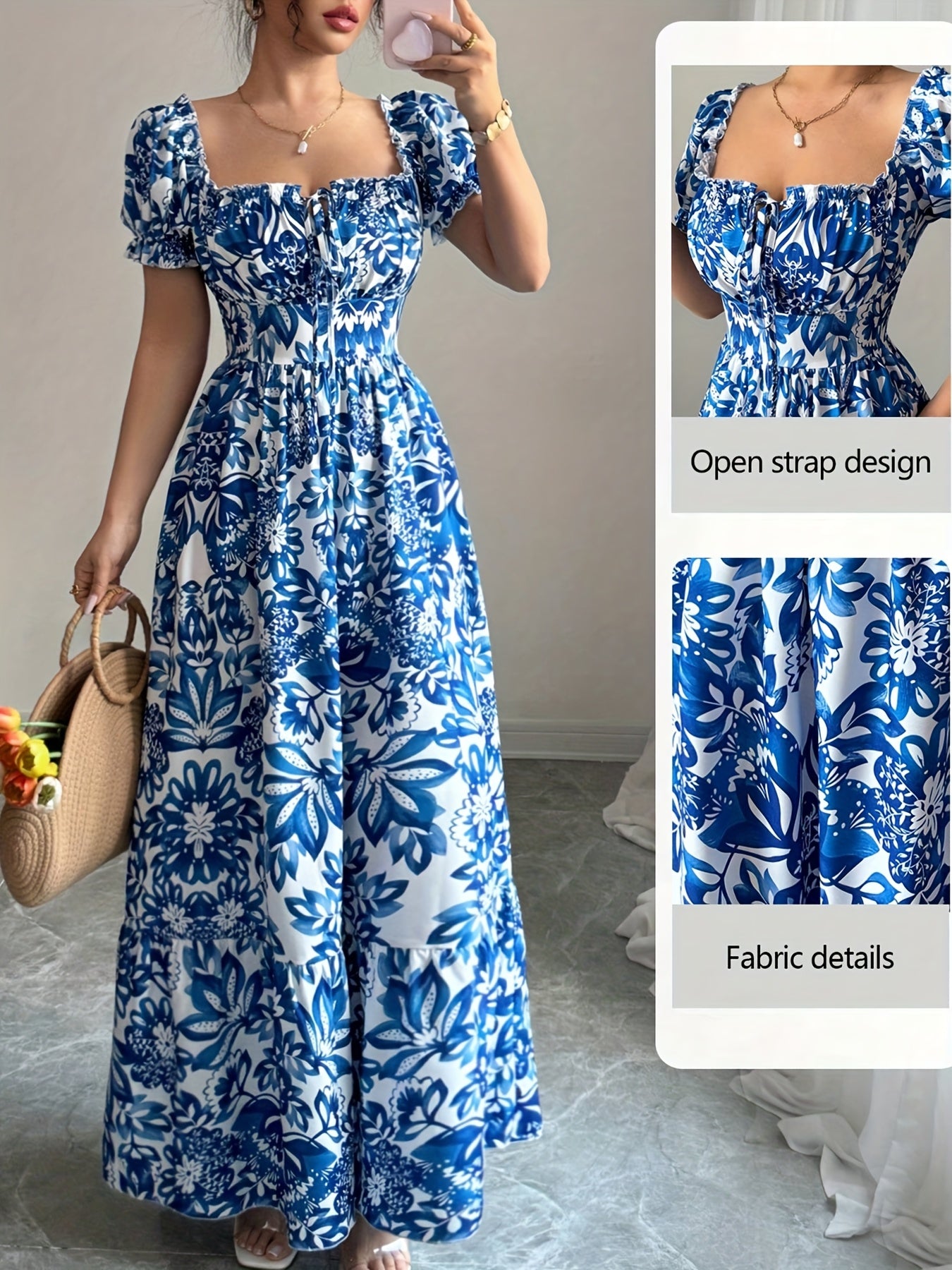 Elegant Floral Print Maxi Dress with Puff Sleeves