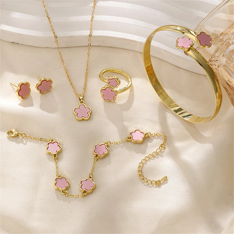 5 Pcs Set Jewelry Stainless Steel Five Leaf Clover
