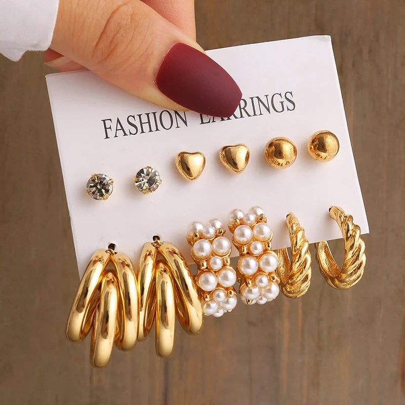 Gold Color Vintage  Pearl Earrings Set