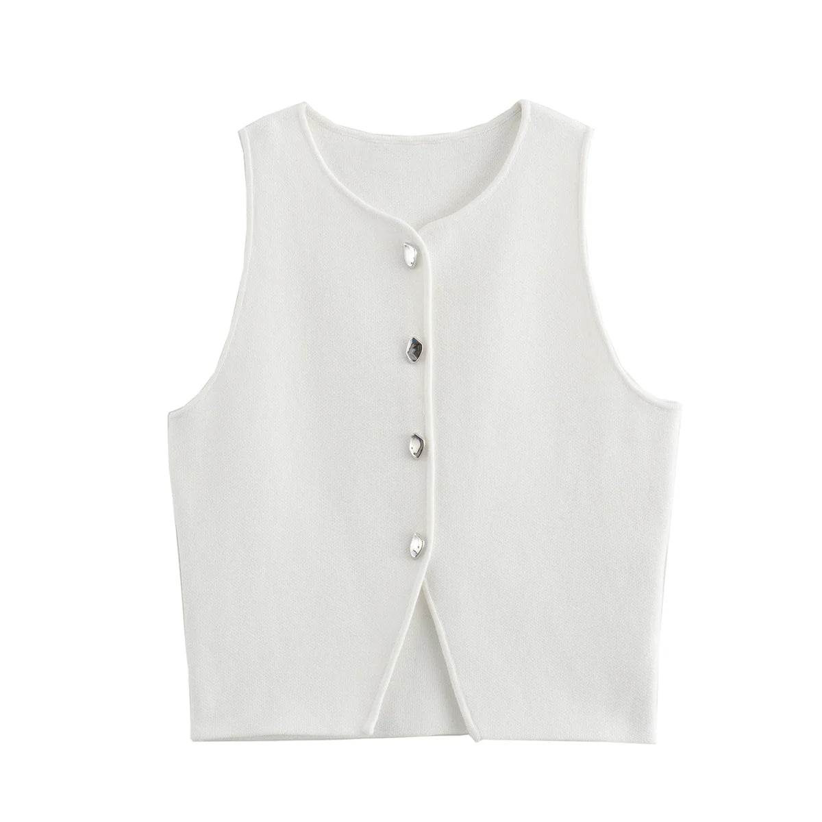 White Knit Button Crop Top