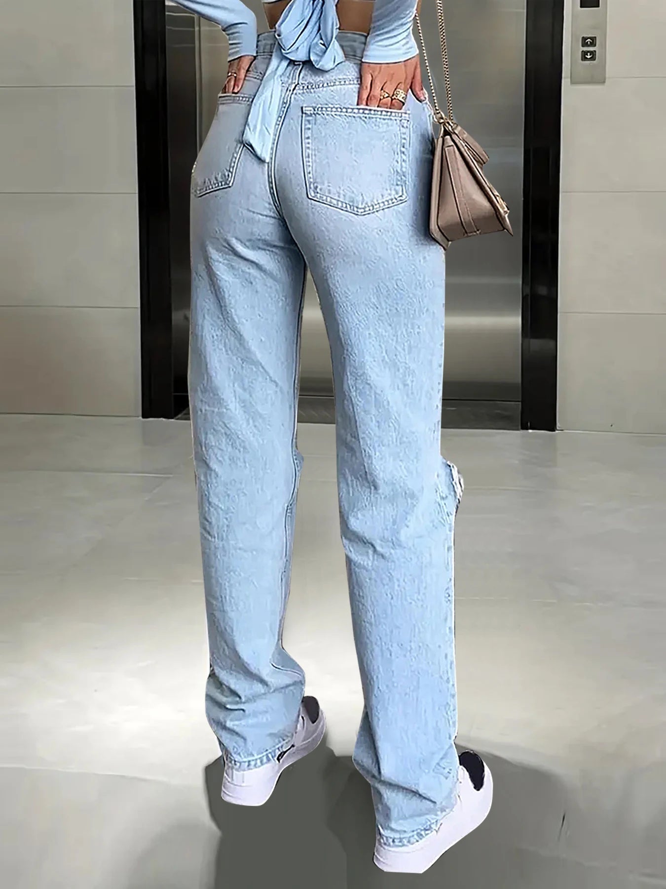 Women's new knee-piercing jeans