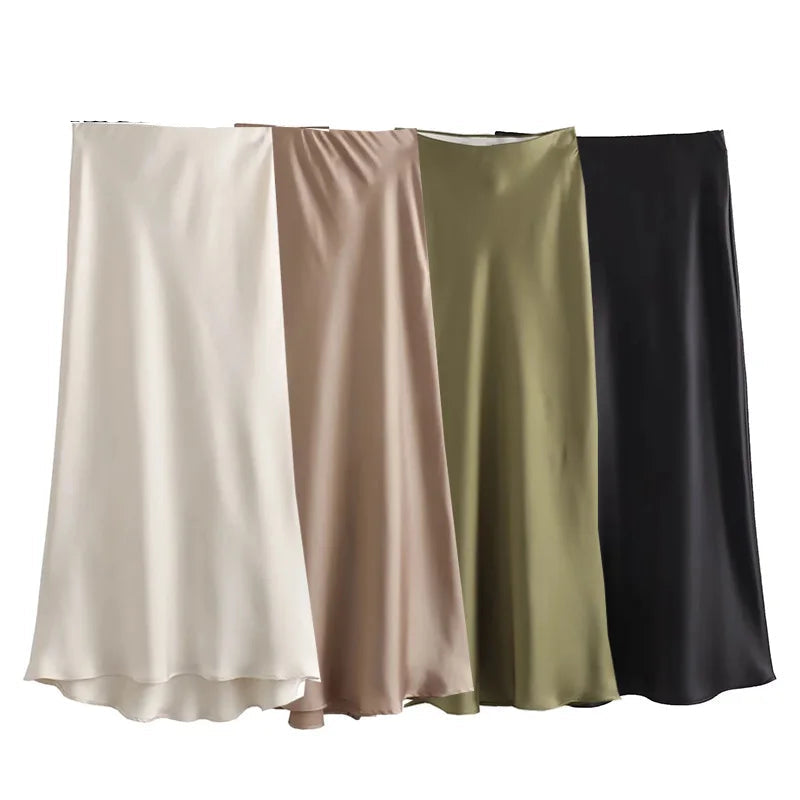 Woman High Waist Long Satin Skirt