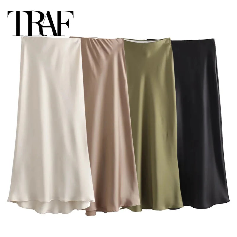 Woman High Waist Long Satin Skirt