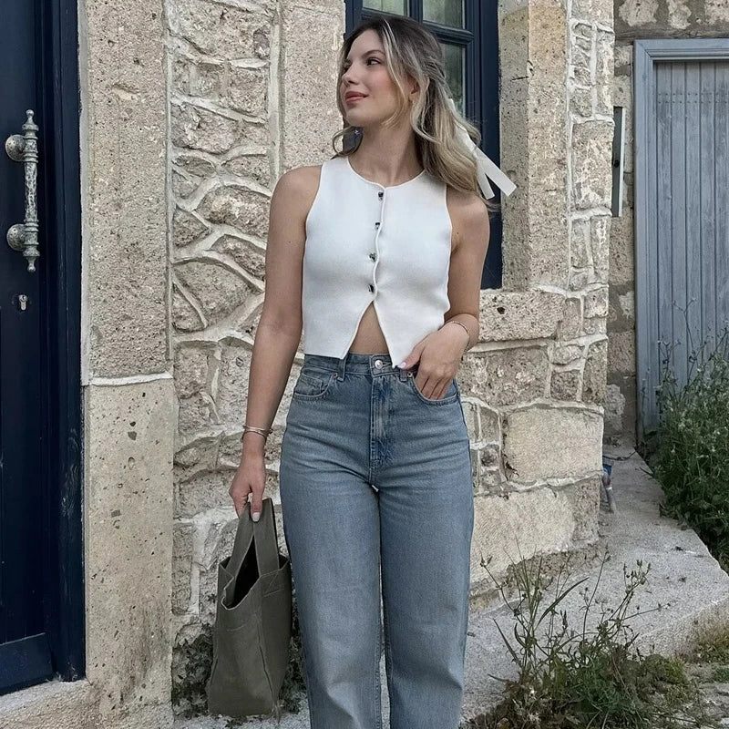 White Knit Button Crop Top