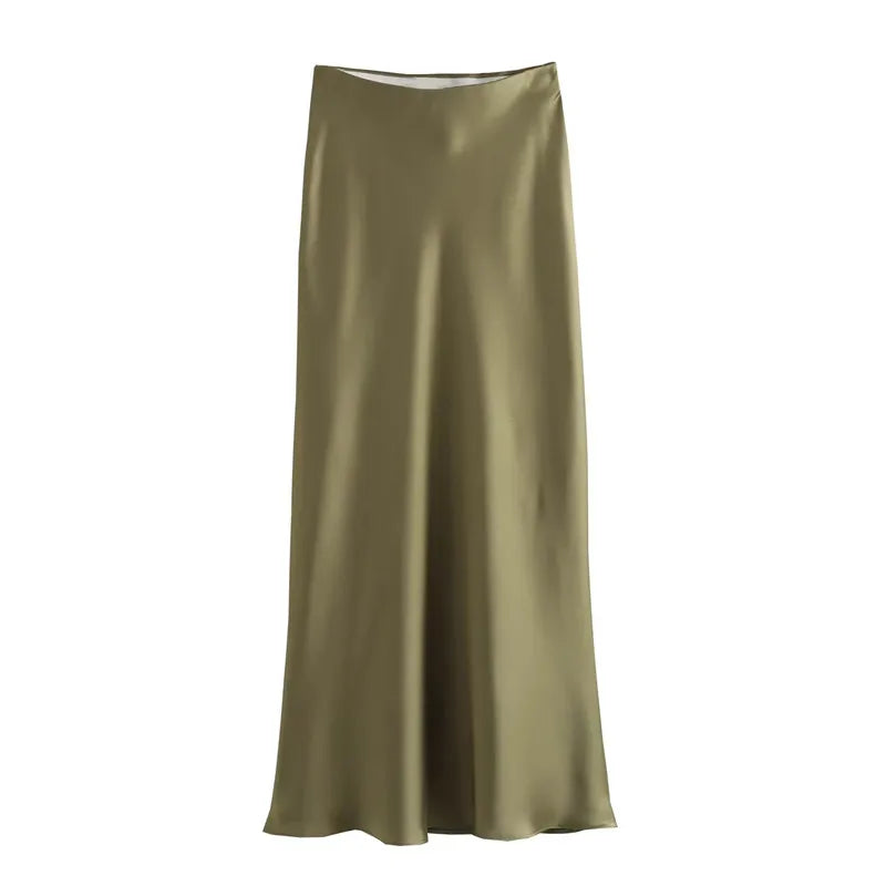 Woman High Waist Long Satin Skirt