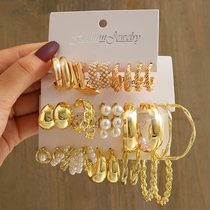 Gold Color Vintage  Pearl Earrings Set