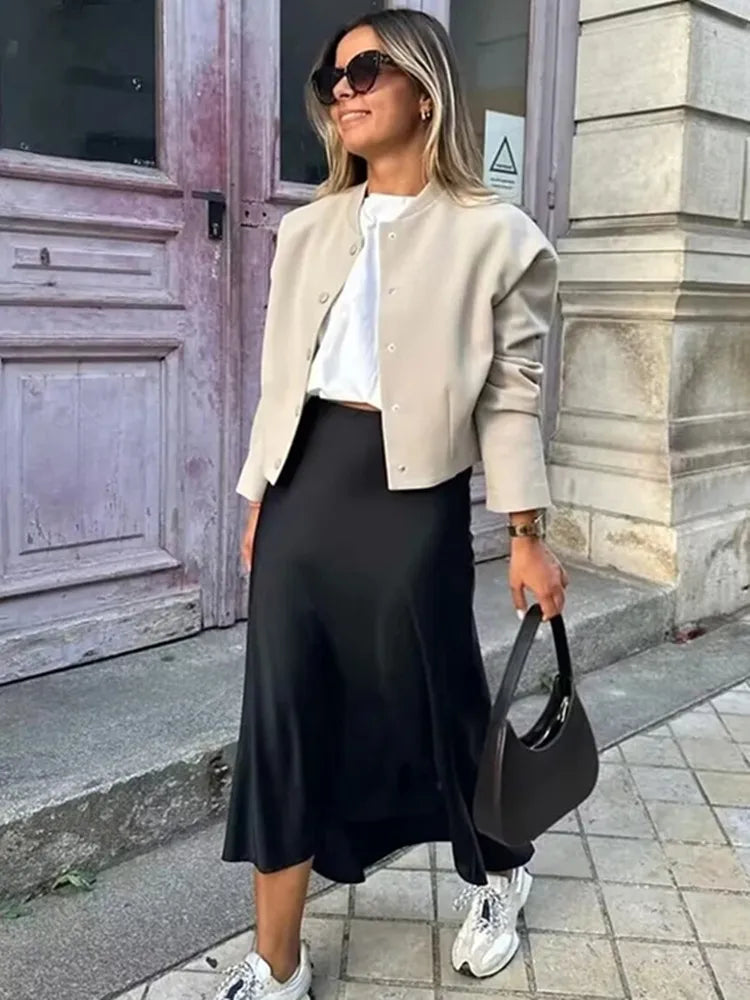 Woman High Waist Long Satin Skirt
