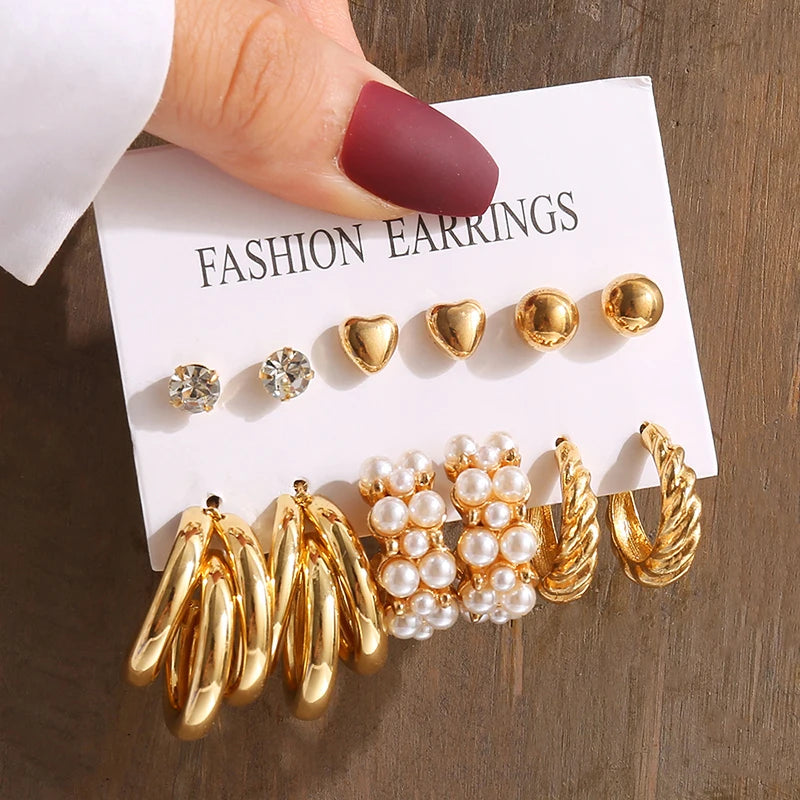 Gold Color Vintage  Pearl Earrings Set
