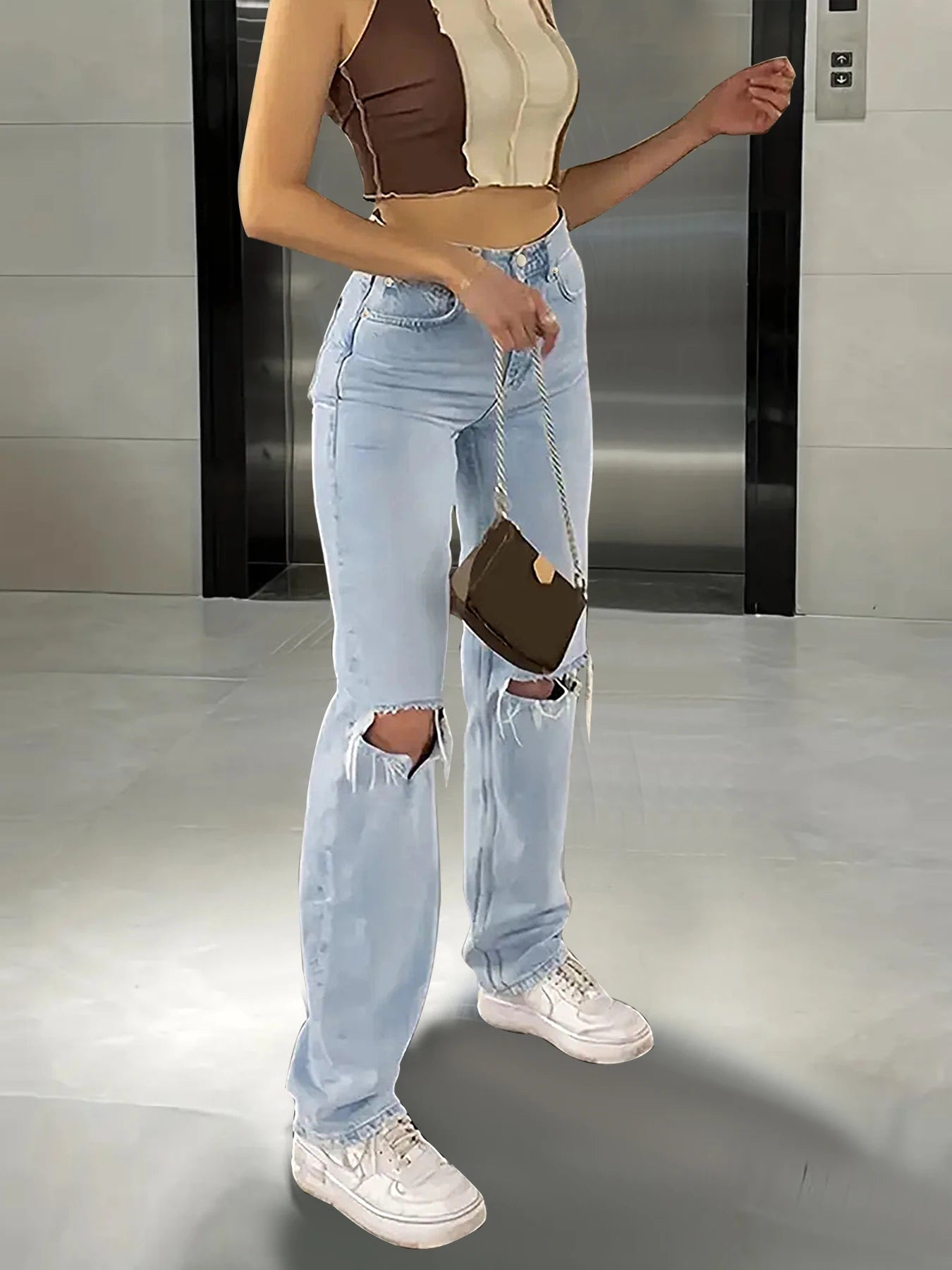Women's new knee-piercing jeans