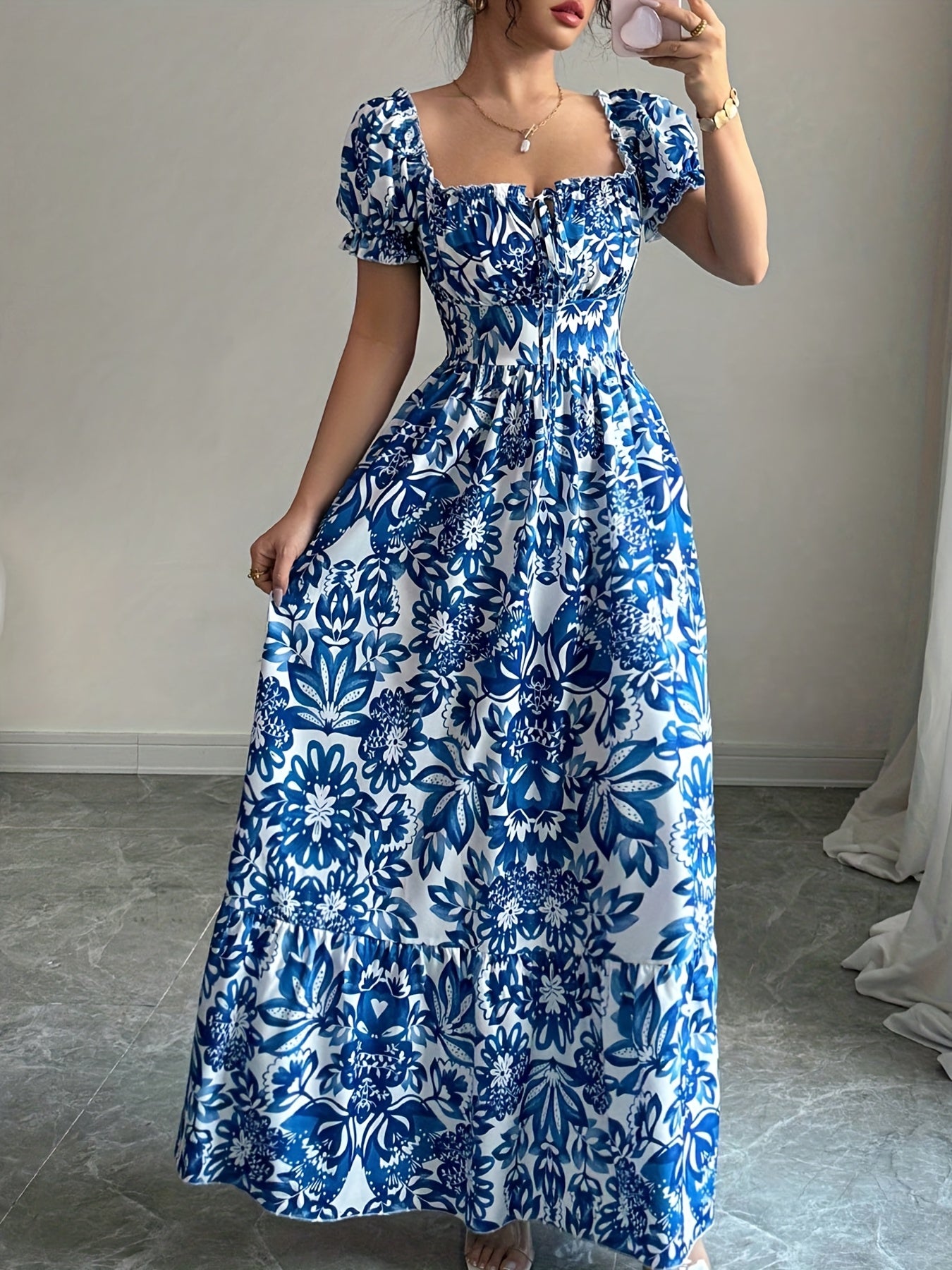 Elegant Floral Print Maxi Dress with Puff Sleeves